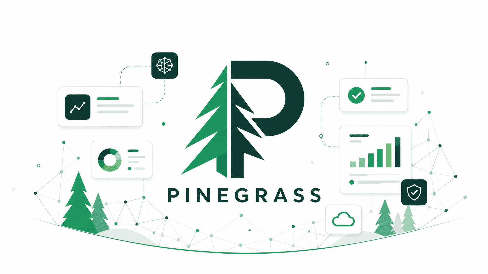 Pinegrass — a P intertwined with a pine tree, surrounded by floating analytics cards and a connection graph